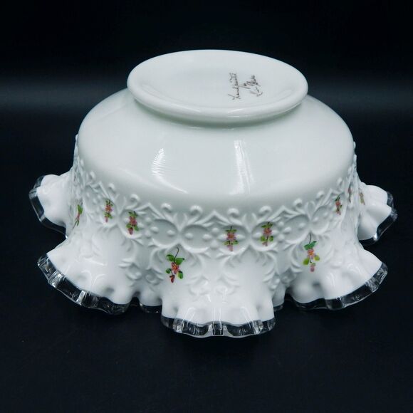 Fenton Silver Crest Spanish Lace Bowl Violets In The Snow 10 Inch Console - Picture 12 of 12